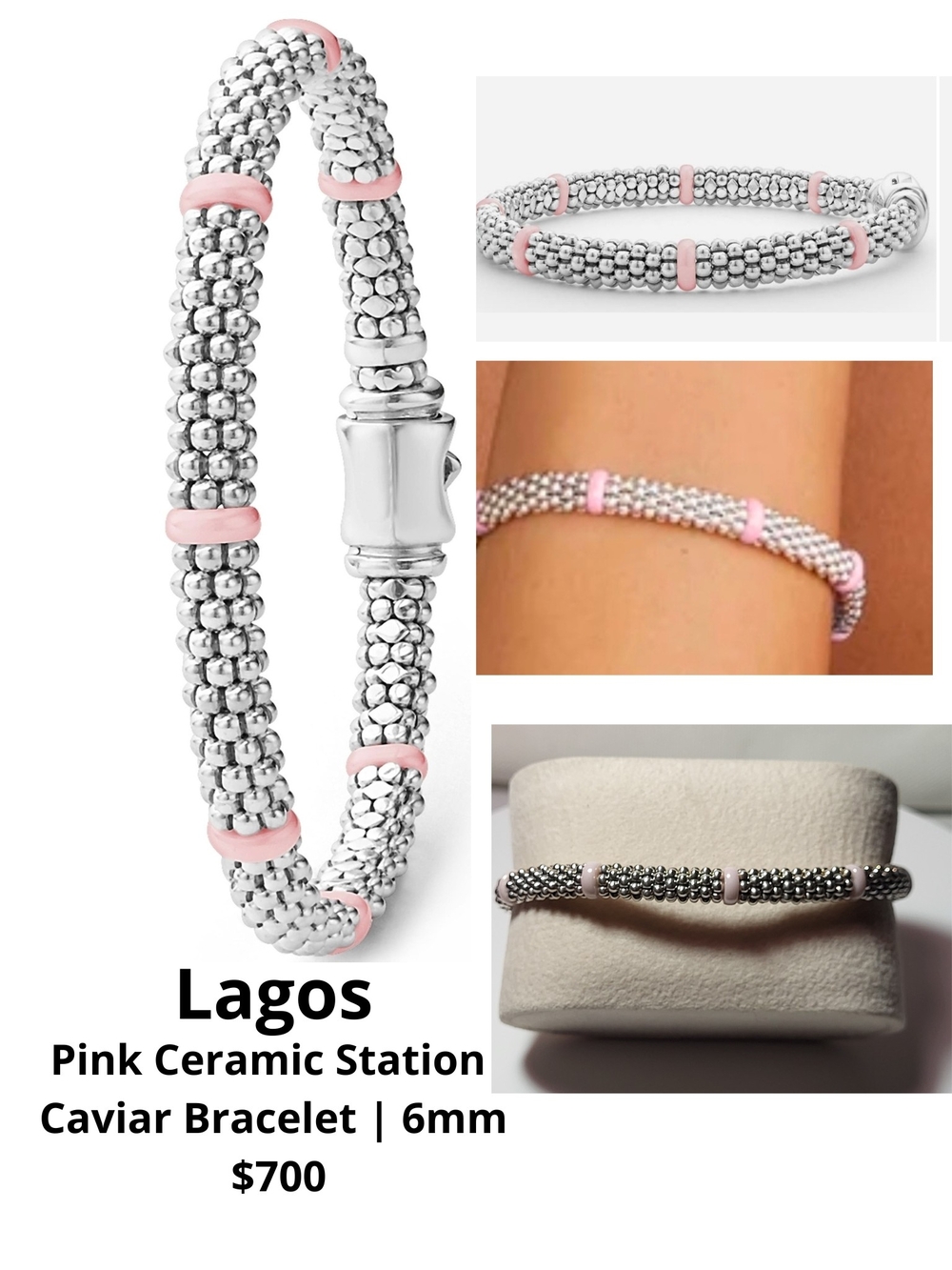 Lagos Pink Ceramic Station Caviar Bracelet - Silver with Pink Accents.#225J